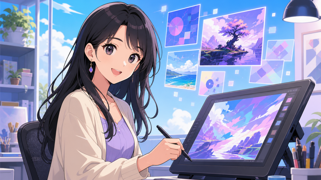 Nova Anime XLで画像生成を行う女性クリエイターのアニメ風イラスト