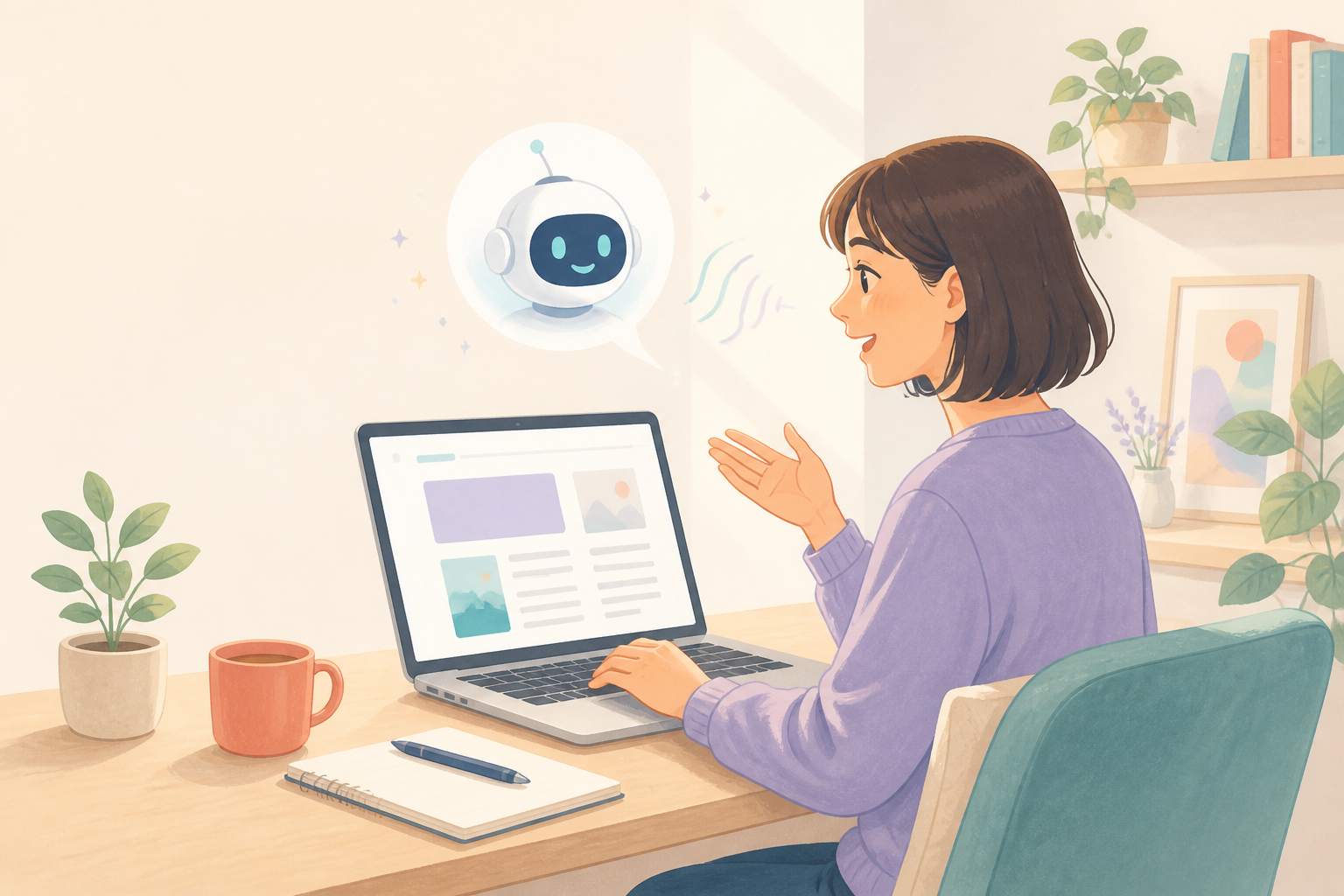 ChatGPTと会話しながらブログ記事を作成する女性