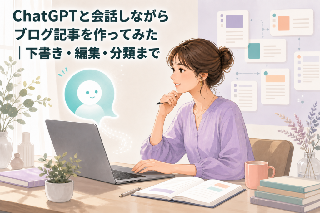 ChatGPTと会話しながらブログ記事を作成する女性